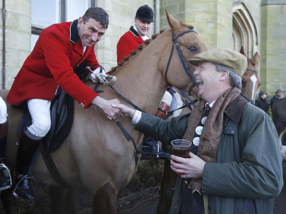 UK Independence Party leader Nigel Farage shakes hands with huntsman Mark Bycroft of the Old Surrey Burstow and West Kent Hunt before they departed from Chiddingstone Castle for the annual Boxing Day hunt in Chiddingstone, south east England UK Independence Party leader Nigel Farage shakes hands with huntsman Mark Bycroft of the Old Surrey Burstow and West Kent Hunt before they departed from Chiddingstone Castle for the annual Boxing Day hunt in Chiddingstone, south east England